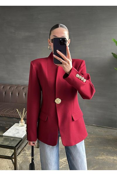 Askı Nişantaşı Premium Blazer Jacket with Shawl Collar Large Metal Gold Button Front Ornamental Pocket