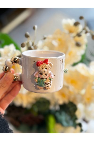 Pernotte Handmade 24K Gold Plated Teddy Evil Eye Double Turkish Coffee Cup with Earrings