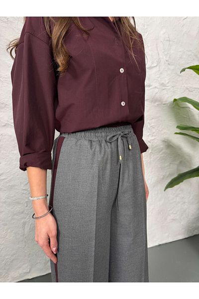 Elif Özbey Butik Anthracite Plum Stripe Palazzo Trousers