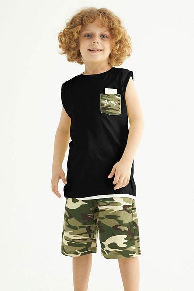 zepkids Crew Neck Zero Sleeve Camouflage Printed Black Color Boy Capri Suit with Pockets