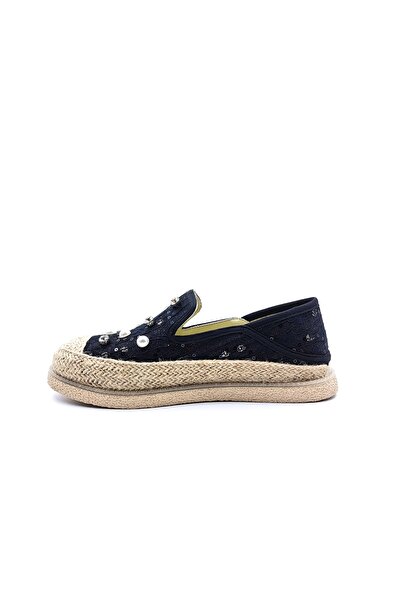 Guja Women's Black Espadrille Shoes with Pearl and Lace Detail