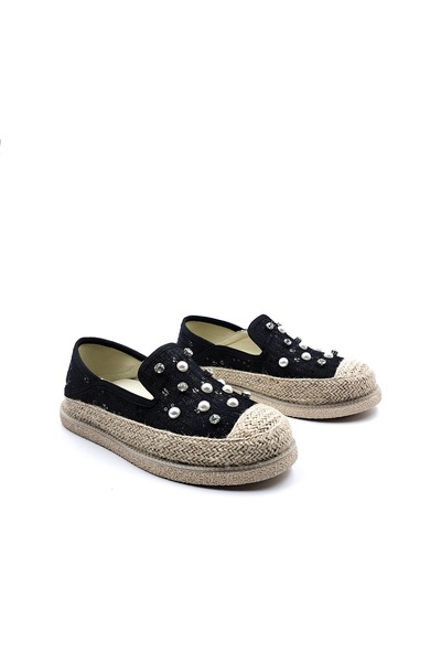 Guja Γυναικεία μαύρα παπούτσια Espadrille με λεπτομέρεια με πέρλες και δαντέλα