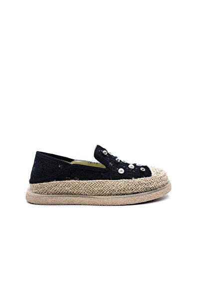Guja Women's Black Espadrille Shoes with Pearl and Lace Detail
