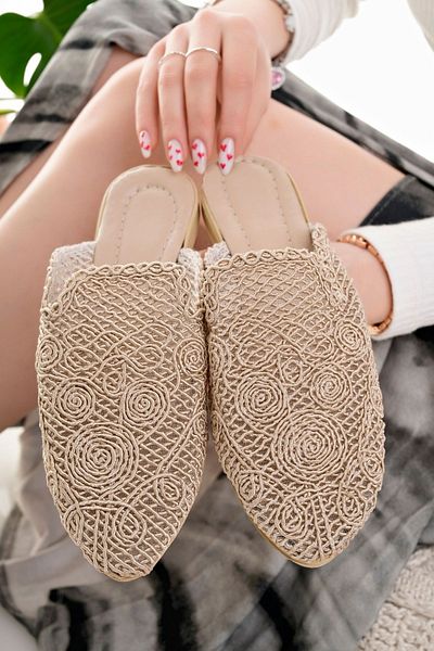 Modafırsat Papuci de damă Bej Față închisă Tricotat Dantela Tricoturi Broderie Elegantă Paie Vară Acasă Plajă Papuci de vacanță