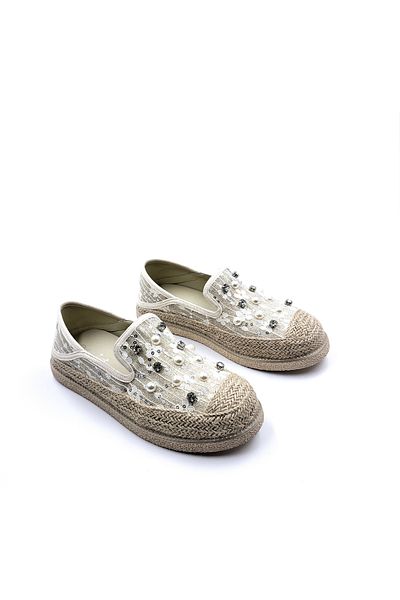 Guja Women's Beige Espadrille Shoes with Pearl and Lace Detail