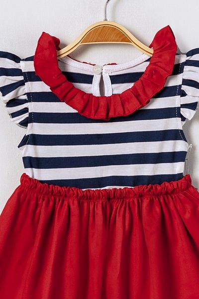 Bebüş Red Striped Embroidery Short Sleeve Baby Girl Dress - Ruffles Flared Effect 15609