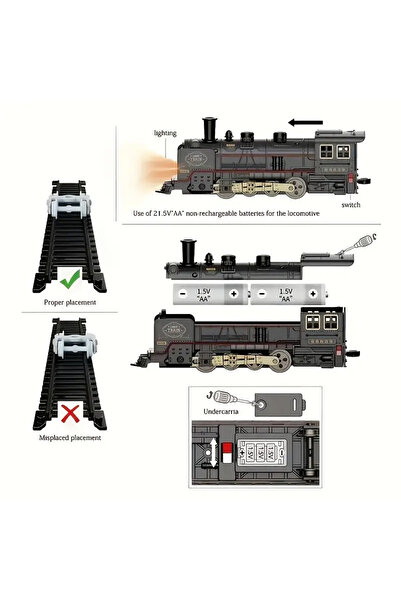 FEEL Vintage Buharlı Tren Modeli Seti - Klasik Siyah & Altın Elektrik Lokomot...