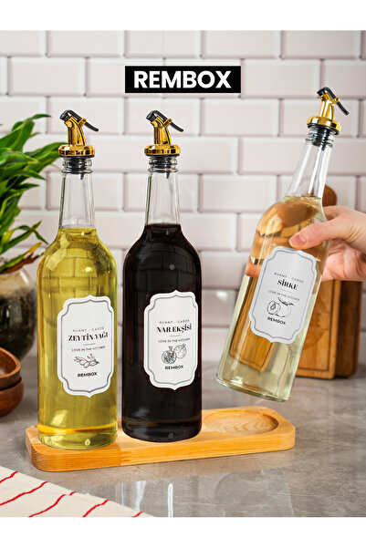 Rembox Set of 3 Olive Oil Vinegar and Pomegranate Vinegar with Wooden Stand and Gold Stopper 750ml Oil Bottle Oil Pot Set