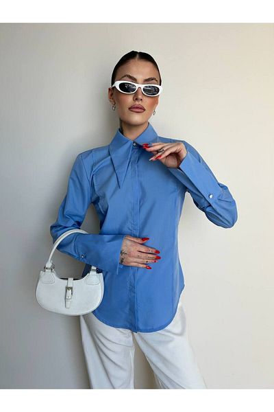 buqre's moda Cămașă subțire detaliată cu guler pentru femei, cu mâneci și accesorii pentru nasturi