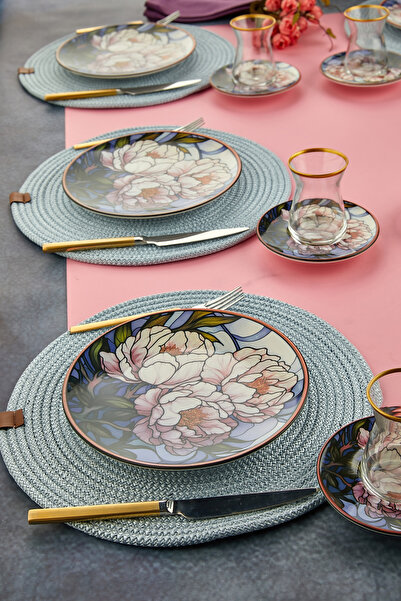 EMBazaar 12 Parça 6 kişilik Alvina Yemek Kahvaltı Pasta Takımı seti Çiçek desenli Sunum Tabağı