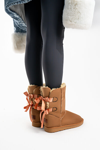 Shupe Kadın Taba Tarçın Süet Bot Kurdeleli Orta Boy Içi Kürklü Kışlık Taban