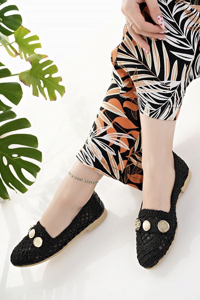 Modafırsat Women's Ballerinas Black Straw Knitted Lace Mesh Knitwear Stylish Home Business Office Daily Shoes