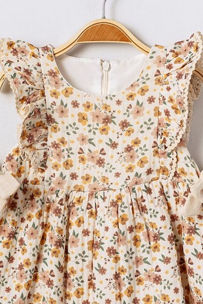 Bebüş Cotton Fabric Lined Lace Detailed Flared Flower Print Baby Girl Dress 15713
