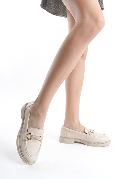 MORIA SHOES Debora bej cilt  taş tokalı kadın loafer ayakkabı