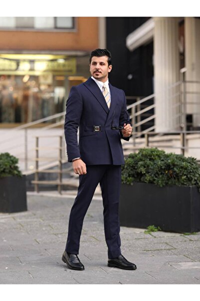 SNSA MODA İtalyan Stil Slim Fit Tokalı Kruvaze Erkek Takım Elbise