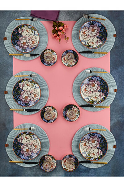 EMBazaar 12 Parça 6 kişilik Alvina Yemek Kahvaltı Pasta Takımı seti Çiçek desenli Sunum Tabağı