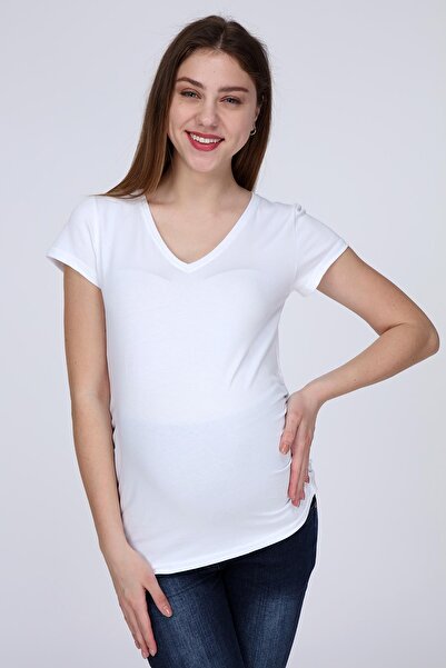 LİYACA Women's V-Neck Short Sleeve Basic Knitted Maternity Tshirt