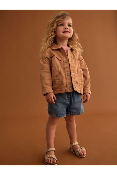 Next Baby Sand Color - Floral Pattern Embroidered Denim Jacket