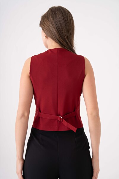 bayansepeti Women's Lined V Neck Button Closure Sleeveless Burgundy Women's Vest 6796