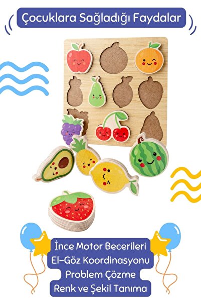 Hopiers Montessori Ahşap Meyve Şekilli 3D Puzzle / Eğitici ve Öğretici Yapboz Oyunu / Sağlıklı ve Güvenli