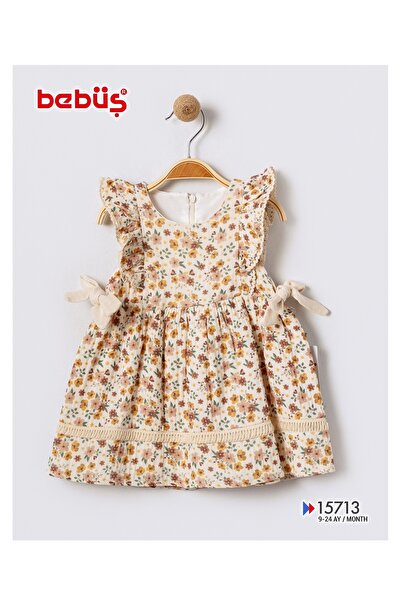 Bebüş Cotton Fabric Lined Lace Detailed Flared Flower Print Baby Girl Dress 15713