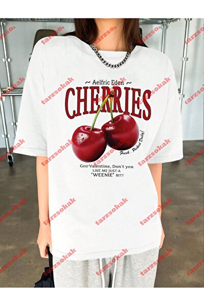 Tarzsokak Tricou oversize unisex cu imprimeu Red Cherries Alb
