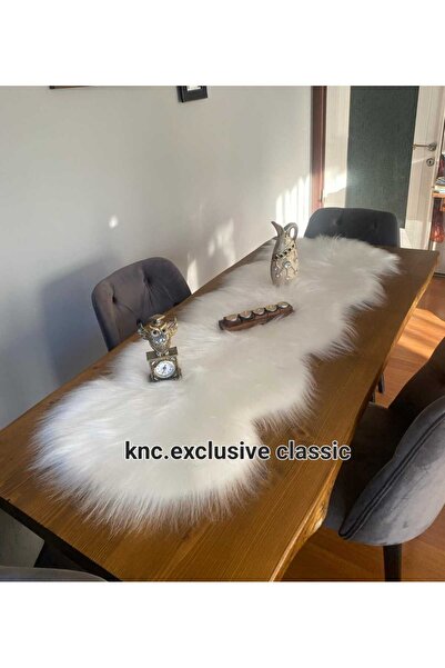 KNC EXCLUSİVE CLASSİC مفرش طاولة من الفرو الأبيض من Runner، ديكور أنيق فاخر وحديث