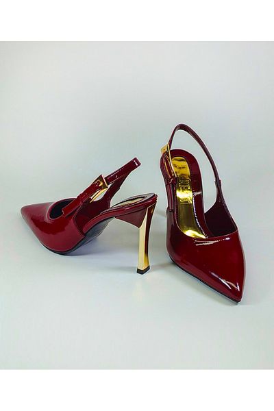 Everest Women's Steletto Gold Heel Burgundy Patent Leather Long Buckle Open Back