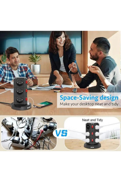Yellowtech Akıllı Wireless Kule Priz | 12 Prizli Şarj İstasyonu | 1 USB + 2 Type-C + Kablosuz Şarj
