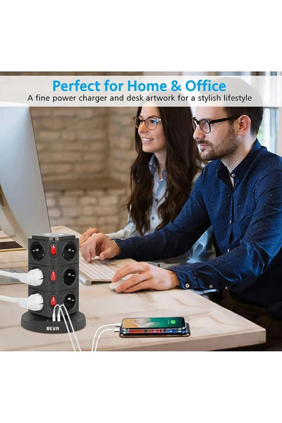 Yellowtech Akıllı Wireless Kule Priz | 12 Prizli Şarj İstasyonu | 1 USB + 2 Type-C + Kablosuz Şarj