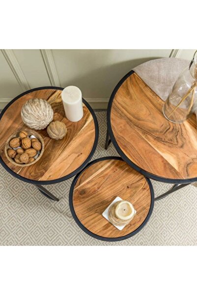 Doffo Round Yuvarlak Doğal Ahşap Üçlü Zigon Sehpa