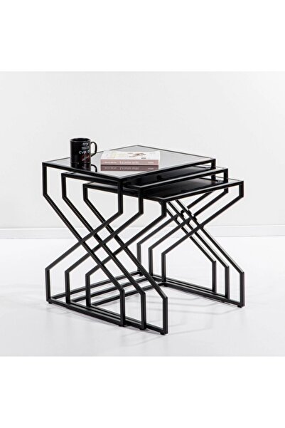 Doffo Ronda Üçlü Metal Cam ve Ahşaplı Zigon Sehpa