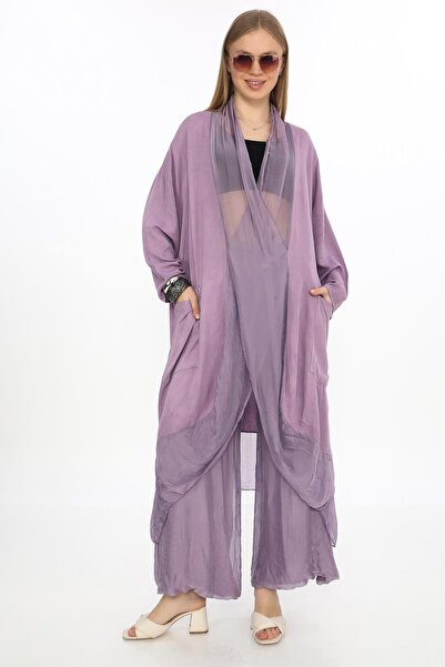 Bohem Stil Italyan Ipek Detaylı Oversize Kap Bluz- Wes Pantolon Takım