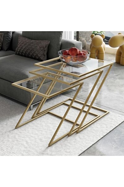 Doffo Misto Z Şekil Camlı Üçlü Zigon Sehpa