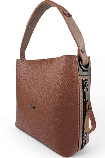 Evident Tan & Mink Zipper Detailed Women's Shoulder Bag with Puppy