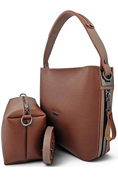 Evident Tan & Mink Zipper Detailed Women's Shoulder Bag with Puppy