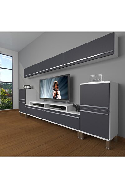 Decoraktiv Ekoflex 9 Mdf Krom Ayaklı Tv Ünitesi Tv Sehpası - Beyaz - Antrasit