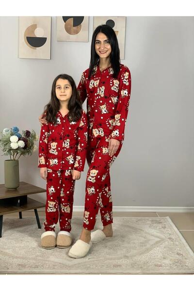 YusGos Mother Daughter Combination Front Buttoned Baby Collar 100% Cotton Teddy Bear Patterned Pajama Set (Red)