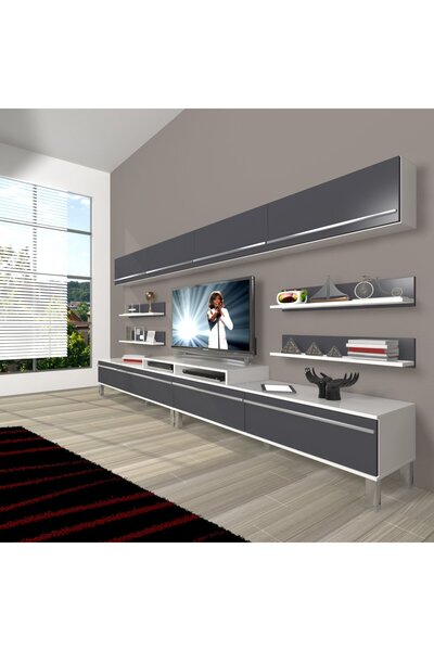 Decoraktiv Ekoflex 360y Mdf Krom Ayaklı Tv Ünitesi Tv Sehpası - Beyaz - Antrasit