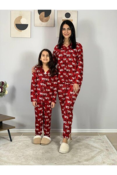 YusGos Mother Daughter Matching Outfit Front Buttoned Peter Pan collar 100% Cotton Girl Patterned Pajama Set (Red)