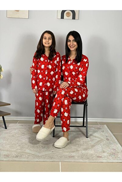 YusGos Mother Daughter Combination Front Buttoned Baby Collar 100% Cotton Kitty Kitten Patterned Pajama Set (Red)