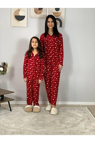 YusGos Mother Daughter Combination Front Buttoned Baby Collar 100% Cotton Love Patterned Pajama Set (Red)