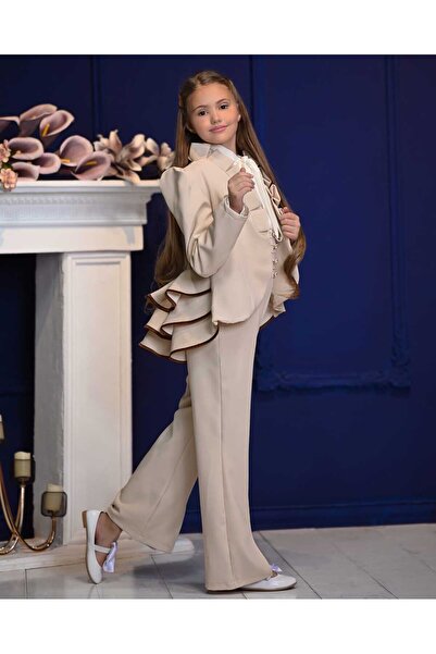 By Feyza Kids Collection By Feyza Kız Çocuk 3'lü Takım,Bej Volan Detaylı Ceket,Fularlı Gömlek,Yırtmaçlı Tulum Kombin 5-13 Yaş