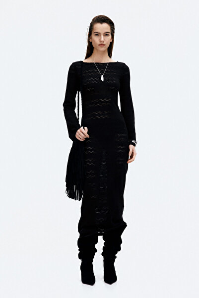 H&M Bağcık Detaylı ve Delik Desenli Triko Elbise