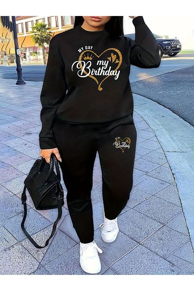 Frisson Birthday Printed Crew Neck Bottom Top Suit Oversize Tracksuit Set