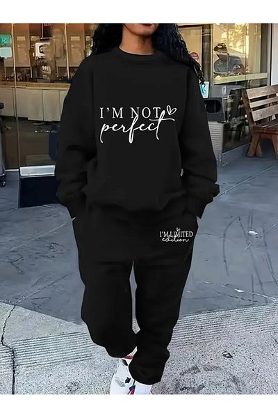 Frisson I Am Not Perfect Printed Crew Neck Bottom Top Suit Oversize Tracksuit Set