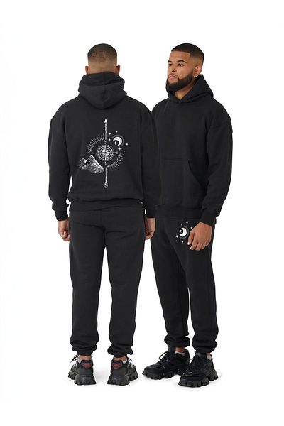 Frisson Compass Printed Oversize Tracksuit Set - Hooded Bottom and Top Set