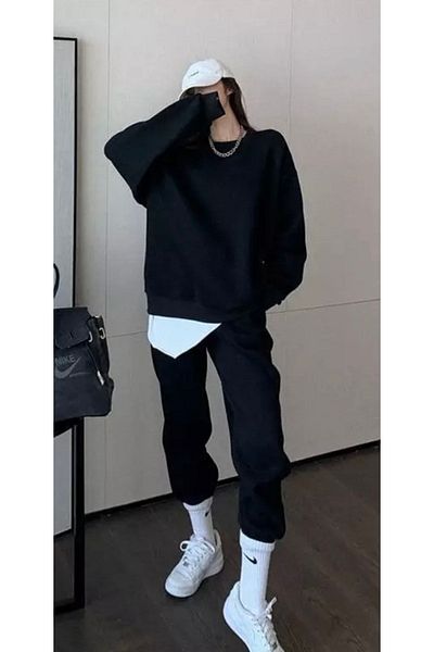 süper tekstil Printed Crew Neck Bottom Top Set Oversize Tracksuit Set