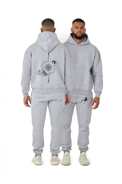 Frisson Compass Printed Oversize Tracksuit Set - Hooded Bottom and Top Set