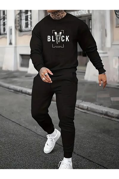 Frisson Black Printed Crew Neck Bottom Top Set Oversize Tracksuit Set